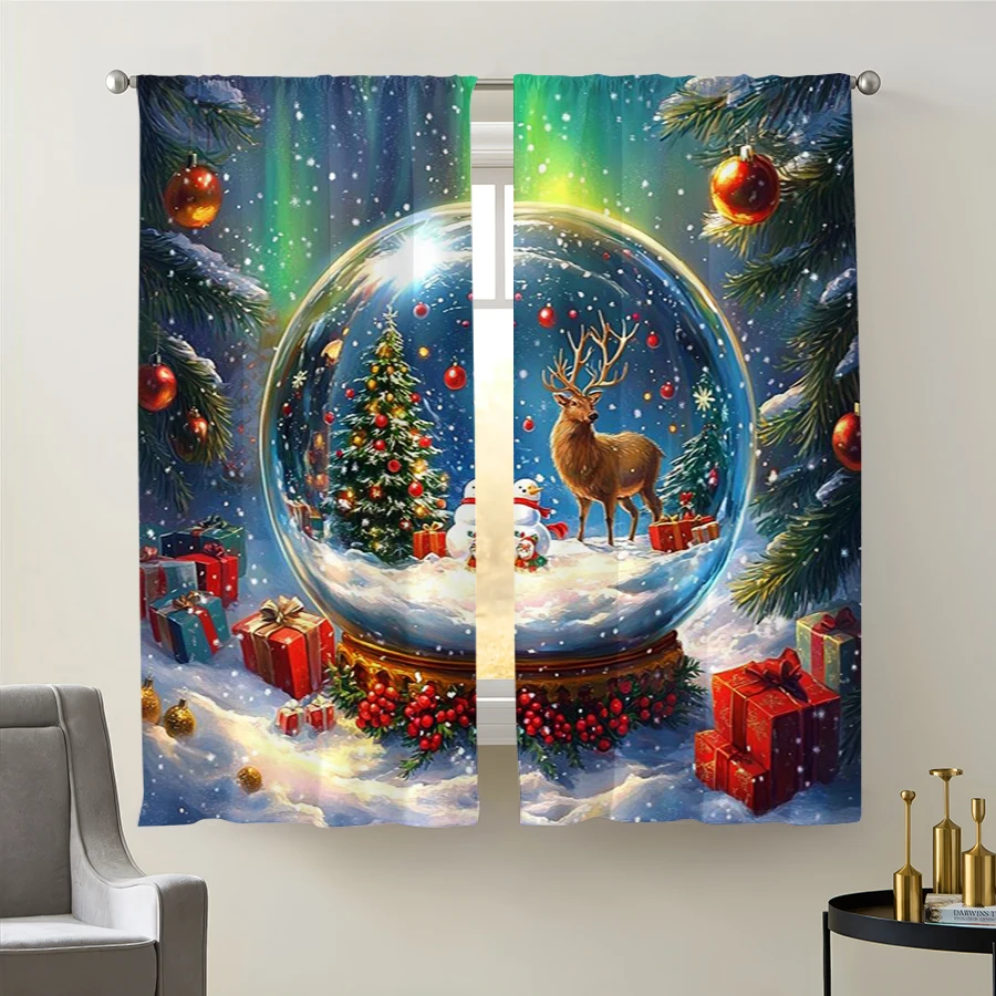 2PCS Christmas Winter Curtains, Snow Globe Tree Reindeer Snowman, Digital Print, Bedroom Living Room, Home Decor Window Drapes