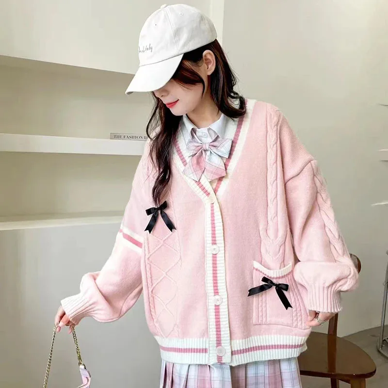 

GIDYQ Sweet Pink Bow Cardigan Women Japanese JK V Neck Kawaii Long Sleeve Sweater Casual Loose Preppy Style Jumpers Autumn New