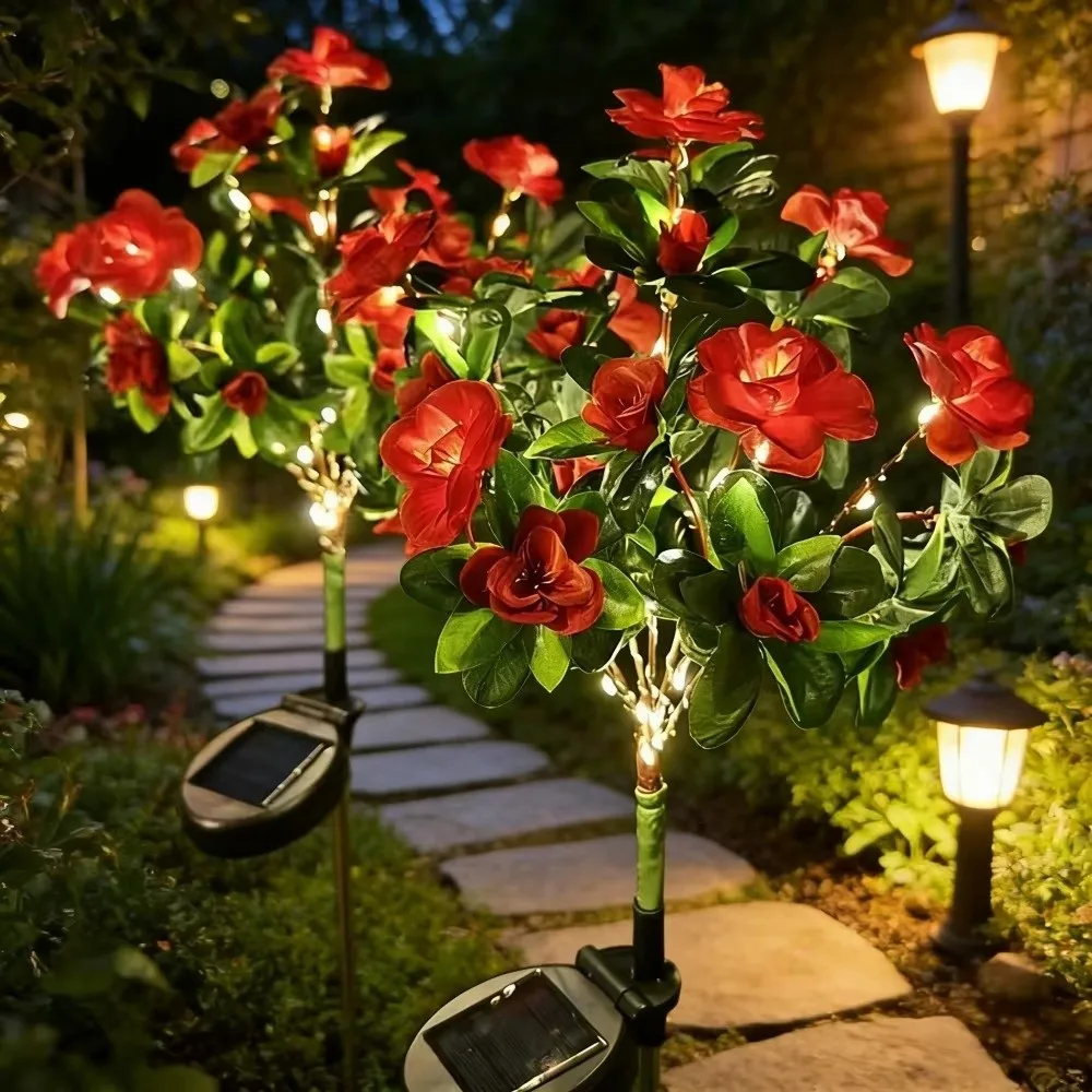 Red Azalea Flower Solar Powered Flower Stake Lights Waterproof Pathway Decor LED Floral Garden Lights Patio Yard Decor Lights