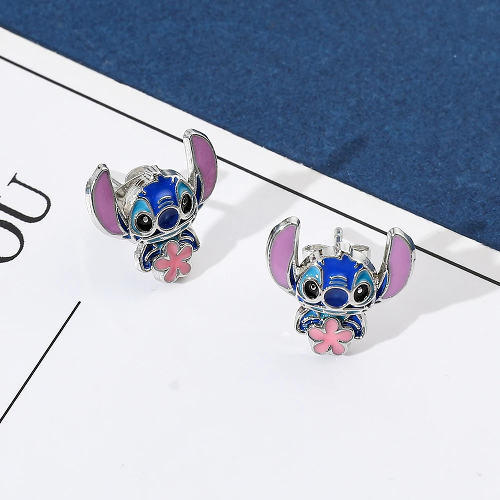 Disney-Cute Cartoon Stitch with Flower Stud Earrings for Women and Teen Girls, Lovely Ear Accessories, Jewelry Gifts for Fans