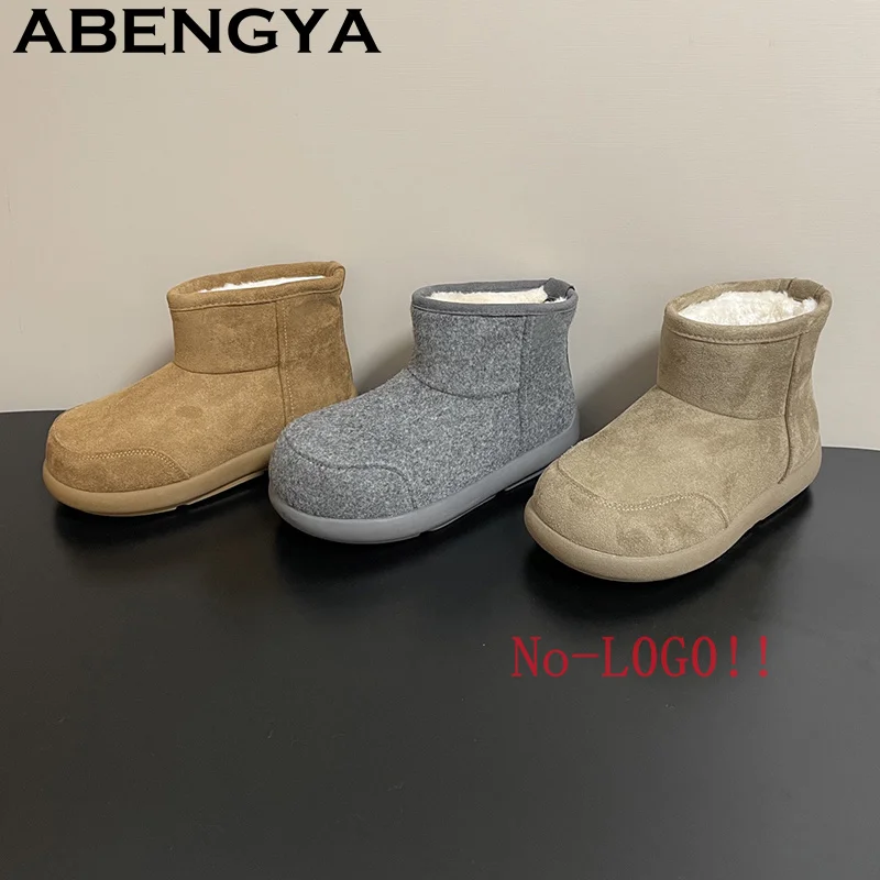 

2026 Hot Sales Round Toe Thick Sole Snow Boots Women Cow Suede Leather Ankle Boots Wool Warm Shoes Winter Flat Short Boots Woman