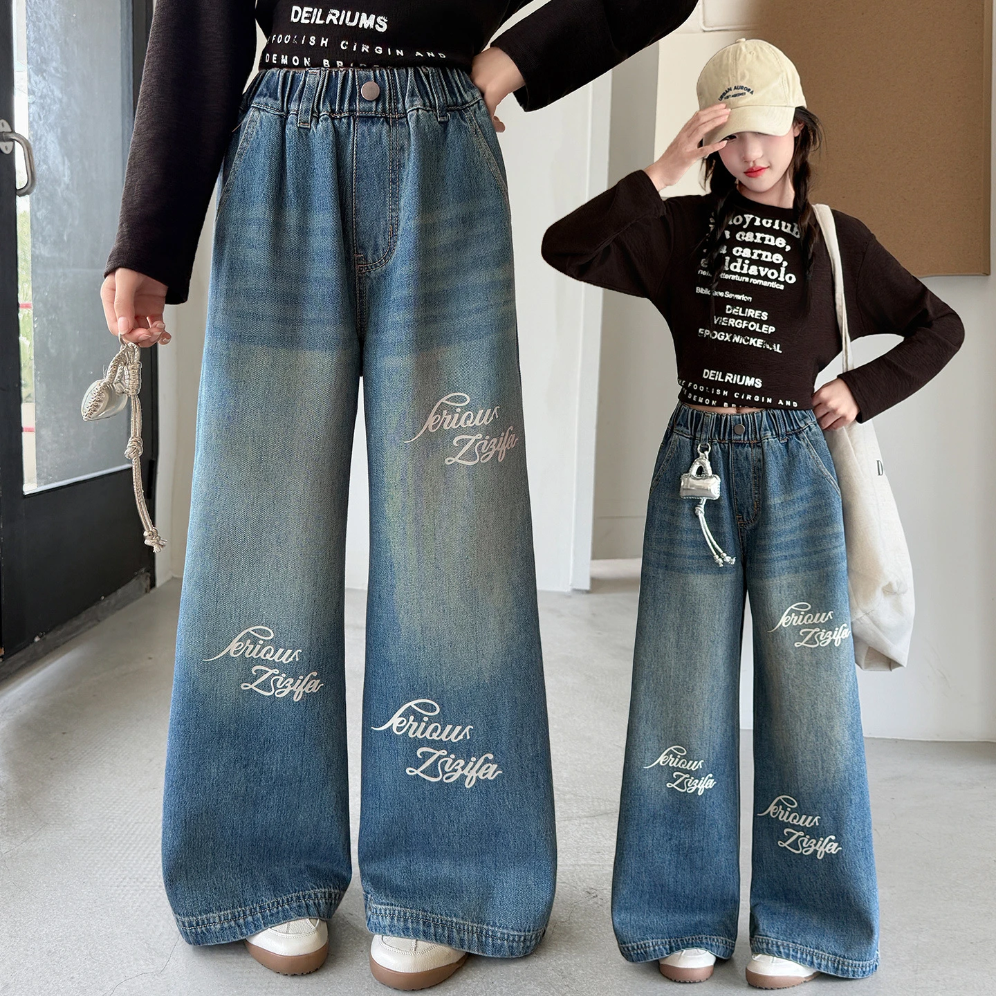 New Girls Loose Wide-leg Jeans Trousers Children Fashion Letter Print Straight Denim Pants Spring Autumn Casual Clothing