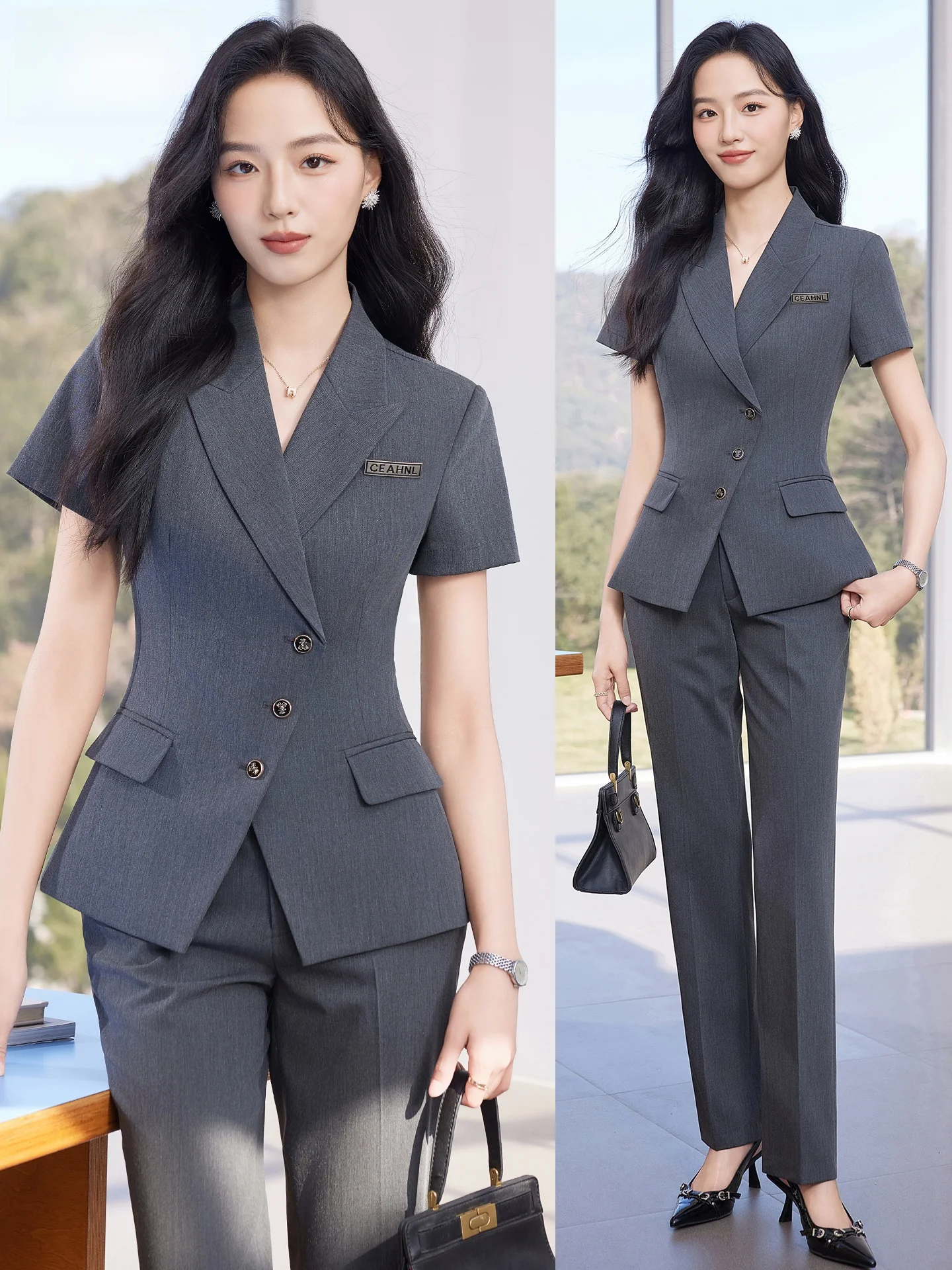 

ay Suit Set Women Summer ort Sve Thin New 2026 High End Profional Hotel Manager Jewelry Store Work orm