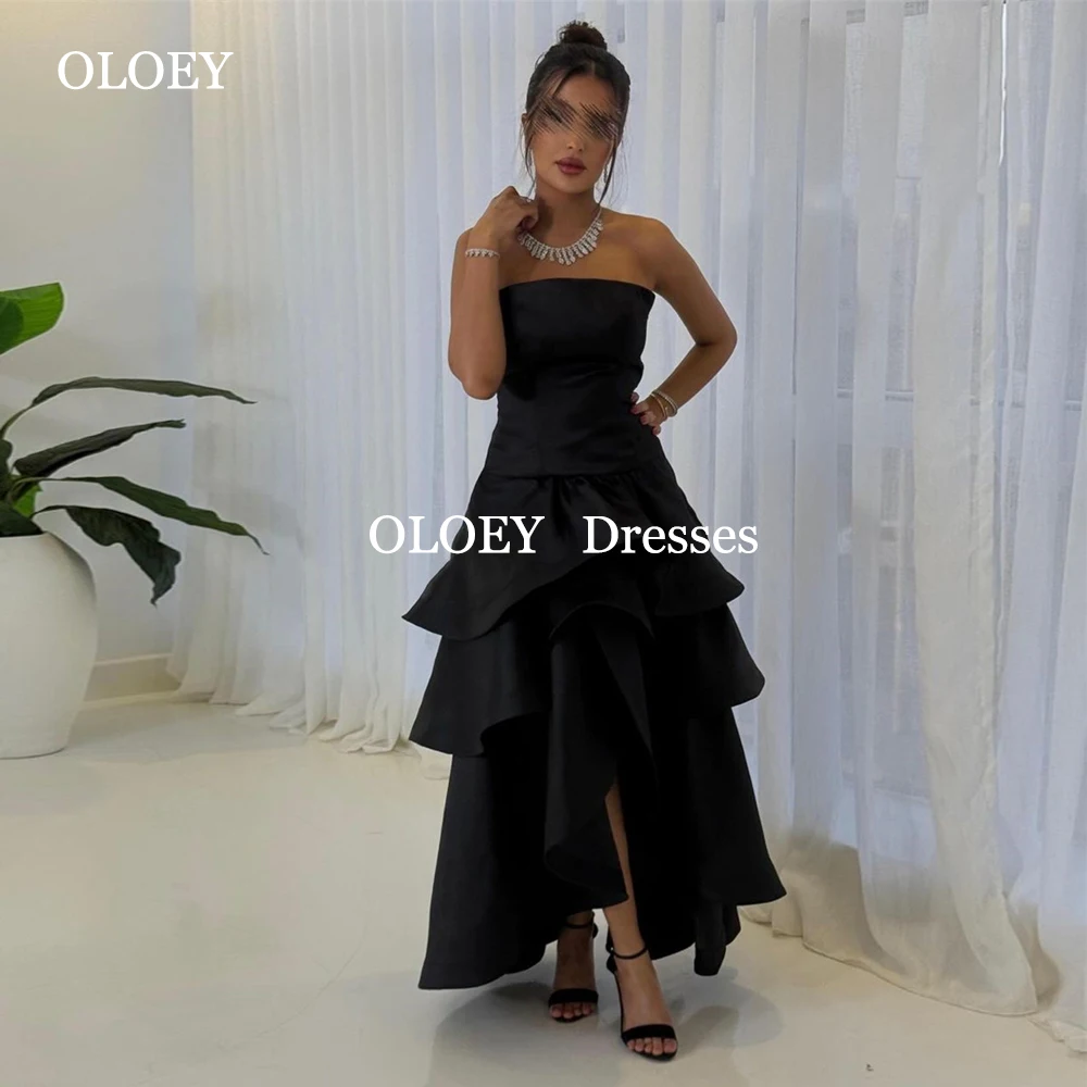 OLOEY Modest Black Strapless Formal Prom Dresses Pleats Layered Satin Asymmetrical Wedding Party Gowns Customized Sleeveless