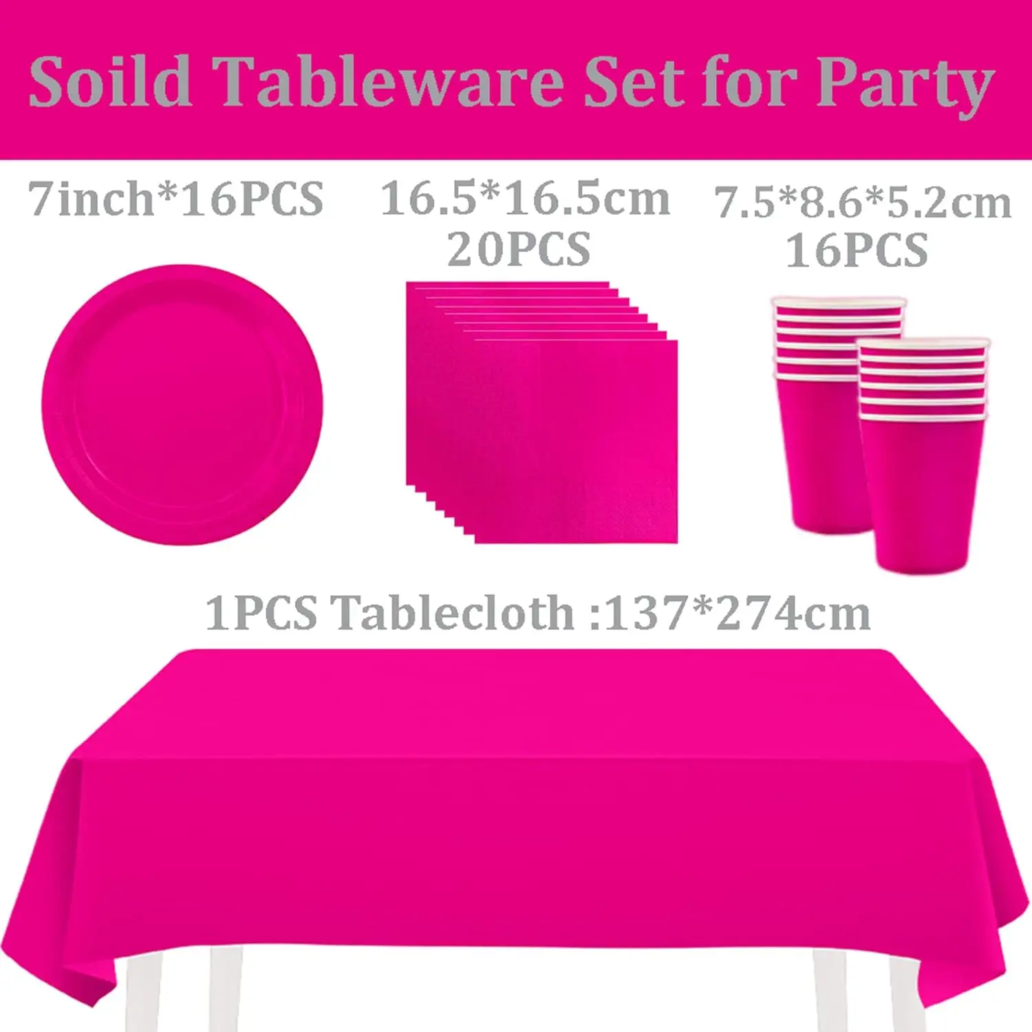 Disposable Party Tableware Set for Kids, Pink Tablecloth, Table Covers, Paper Plat, Birthday, Hot, 7in, 53PCs