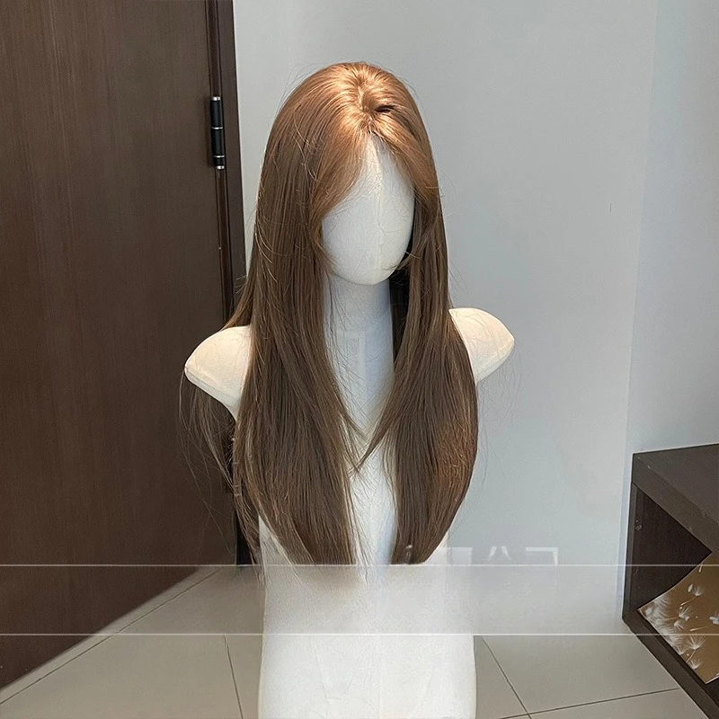 Wig milk tea brown high-level broken cut age-reducing Asian style medium-length straight hair full head wig