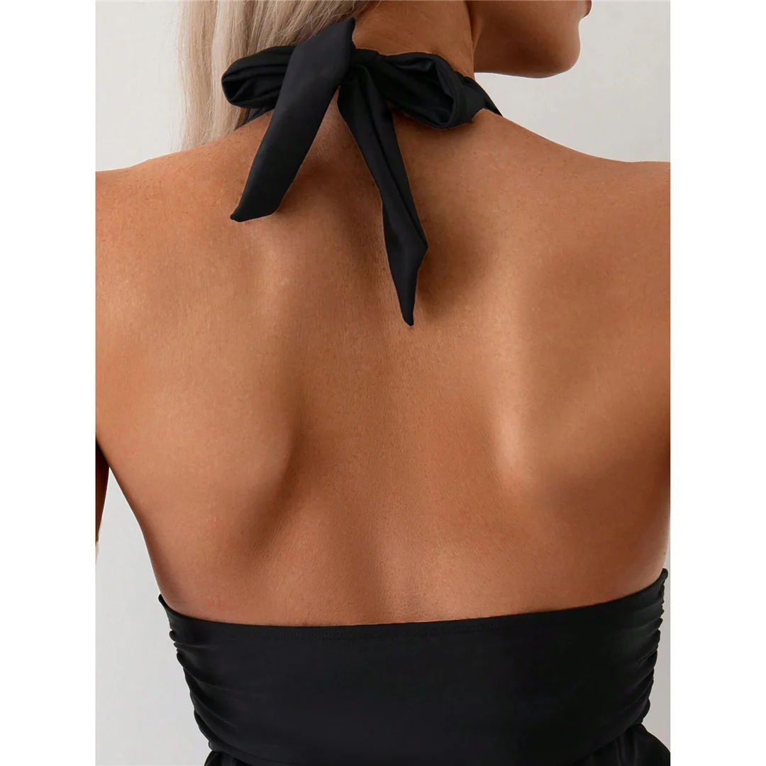 V-Ausschnitt, kurzer Tankini-Badeanzug für Damen, hoch geschnittener Bikini, zweiteiliger Bikini-Set, schwarzer Badeanzug, Badebekleidung, Modell V6610. – Detail 6