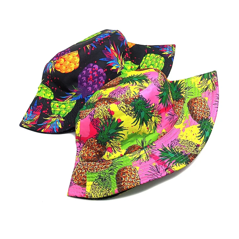 2024 Four Seasons Polyester Cartoon Pineapple Print Bucket Hat Fisherman Hat Outdoor Travel Sun Cap for Men and Women 272