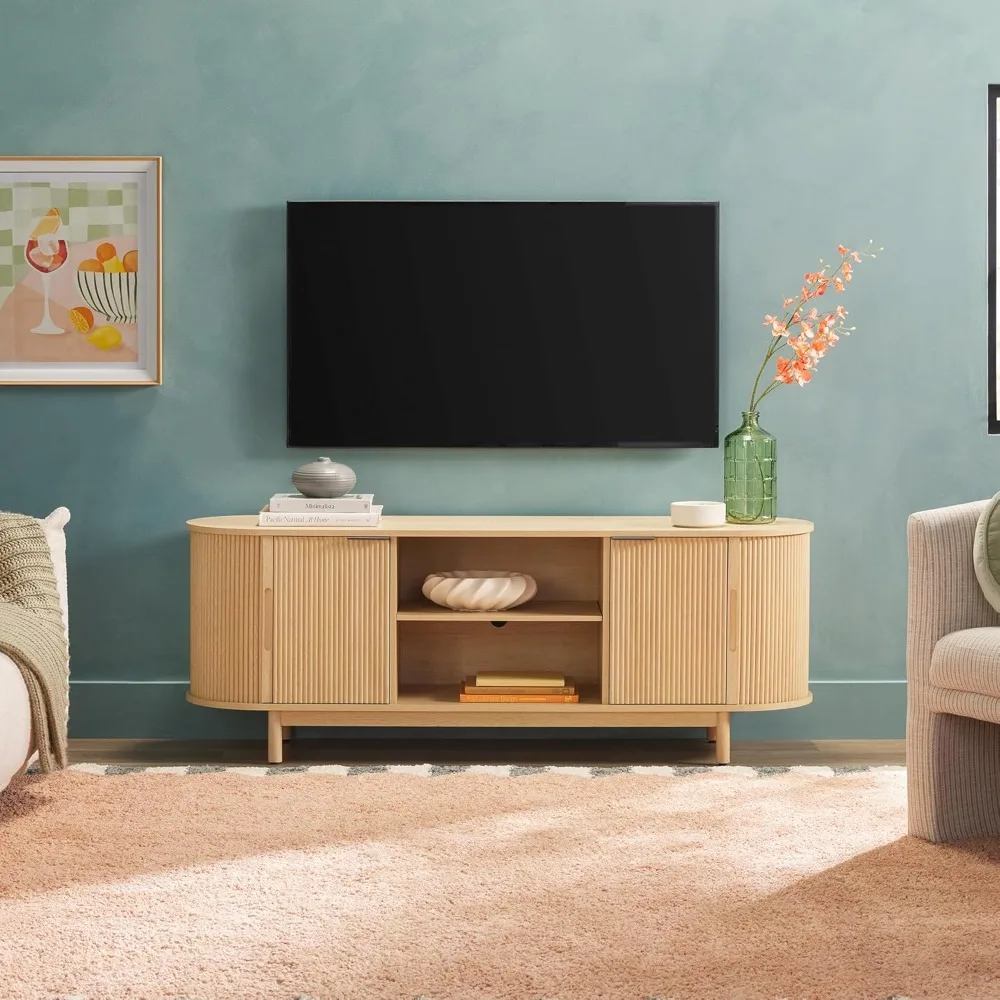

Modern Curved Reeded TV Stand for TVs up to 70 Inches, Credenza with Sliding Doors and Adjustable Shelves, TV Stan
