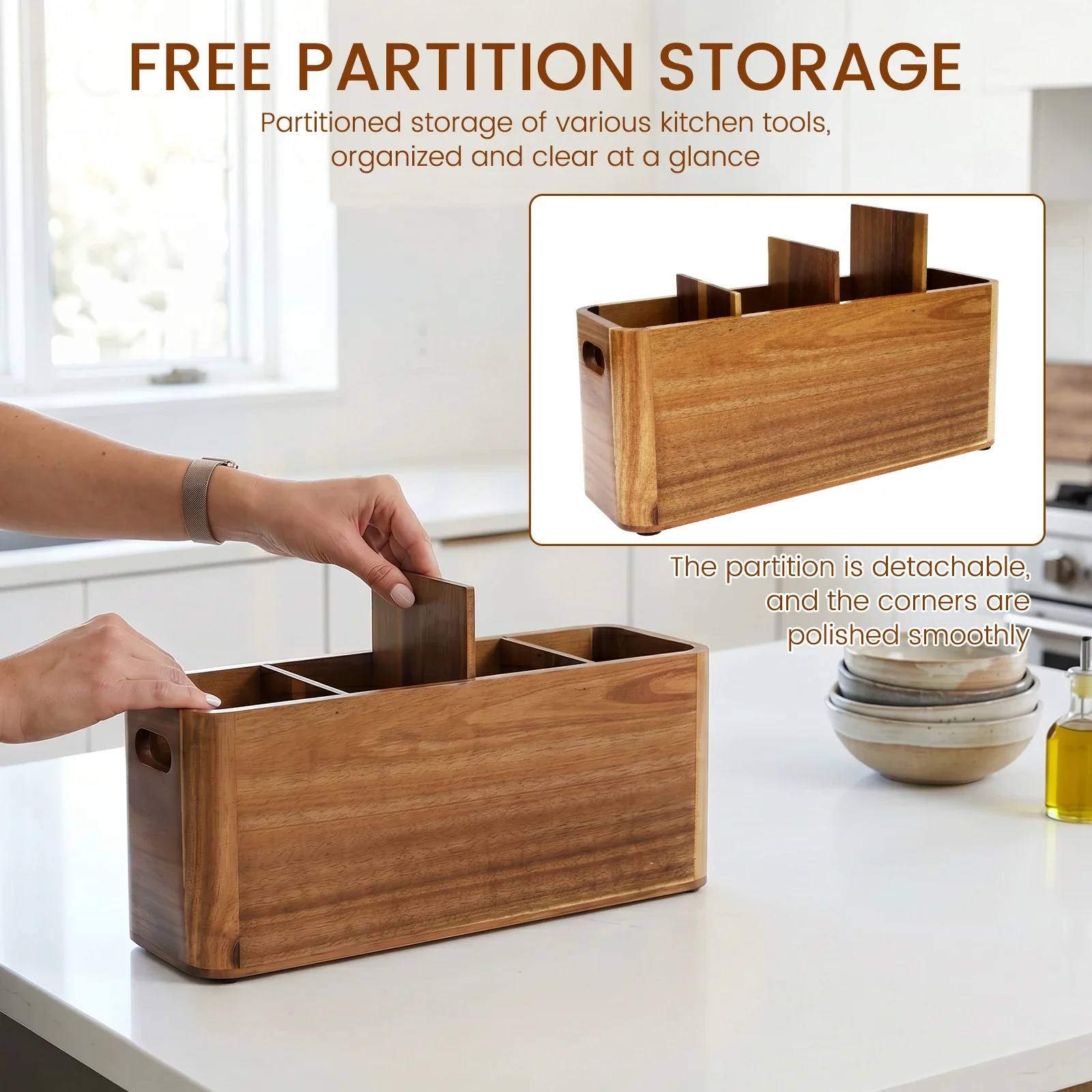 Wood Kitchen Utensil Holder 4 Compartments Tableware Stand with Drainage Holes Large Capacity Cooking Utensil Storage Organizer