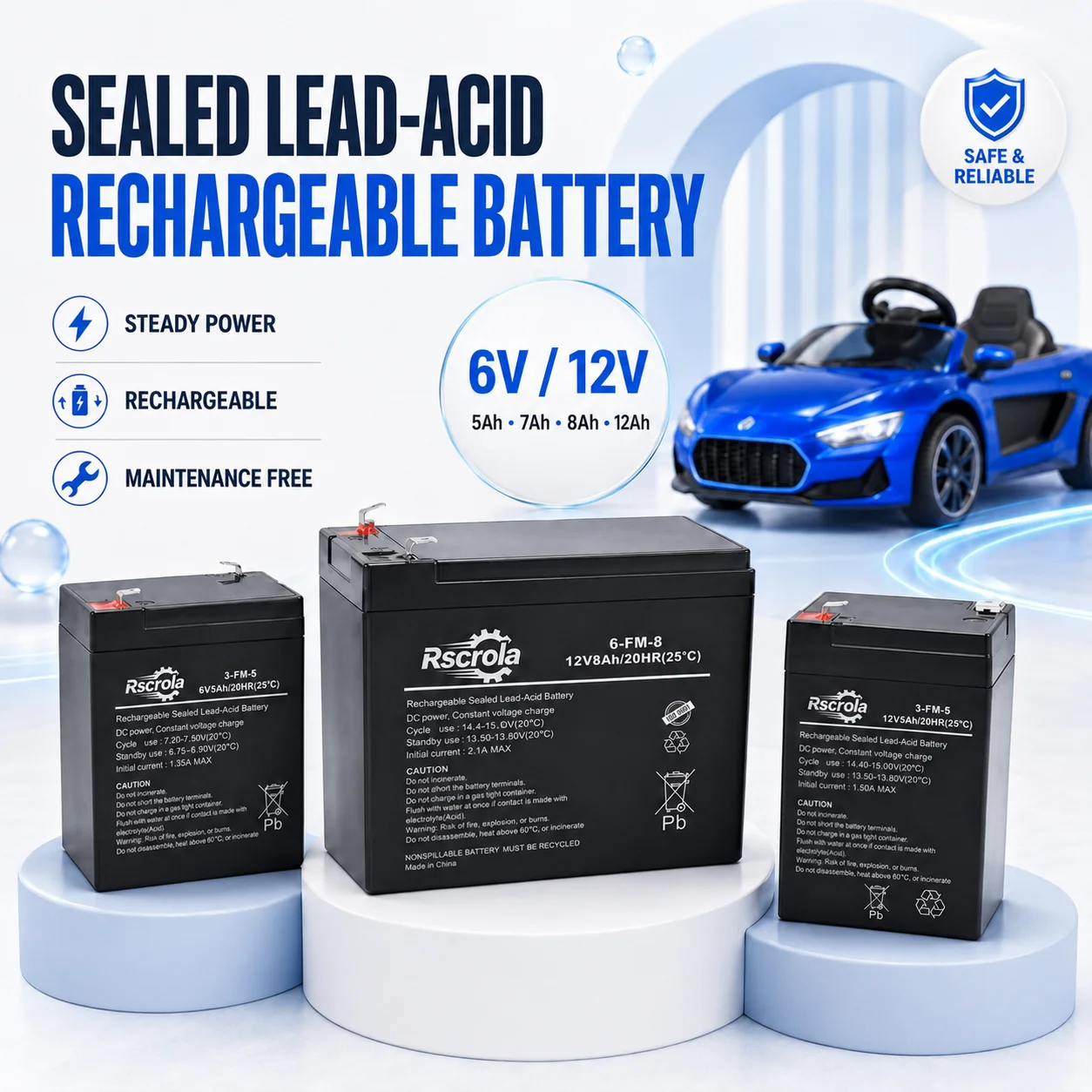 6V 12V Rechargeable Battery 5Ah 7Ah 8Ah 12Ah Sealed Lead Acid Replacement for Kids Ride On Car Motorcycle Stroller