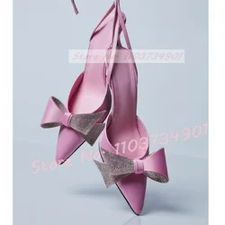 Pink Satin Pointy Toe Sandals With Crystal Bowknot Women Elegant Lace Up Stiletto Shoes Ladies Cross Tied Chic Evening Sandals