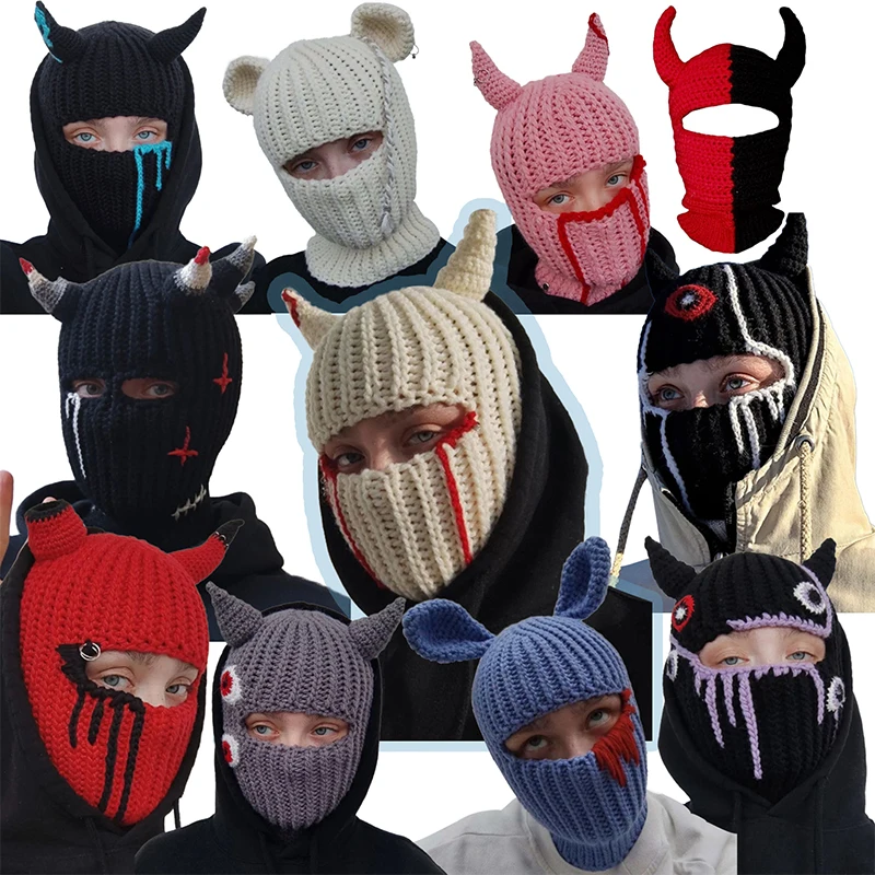 New Unisex Devil Horns Creative Knitted Hats Men Winter Warm Full Face Cover Windproof Balaclava Hat Outdoor Women Ski Mask Cap