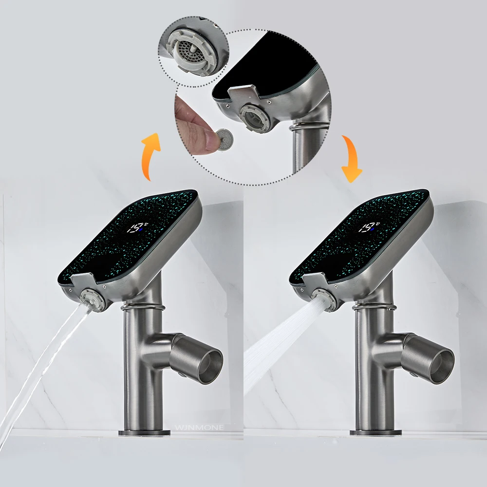Modern New Design Temperature Display Bathroom Faucet Brass Mixer Tap Basin Faucet with Mobile Phone Holder Washbasin Faucets