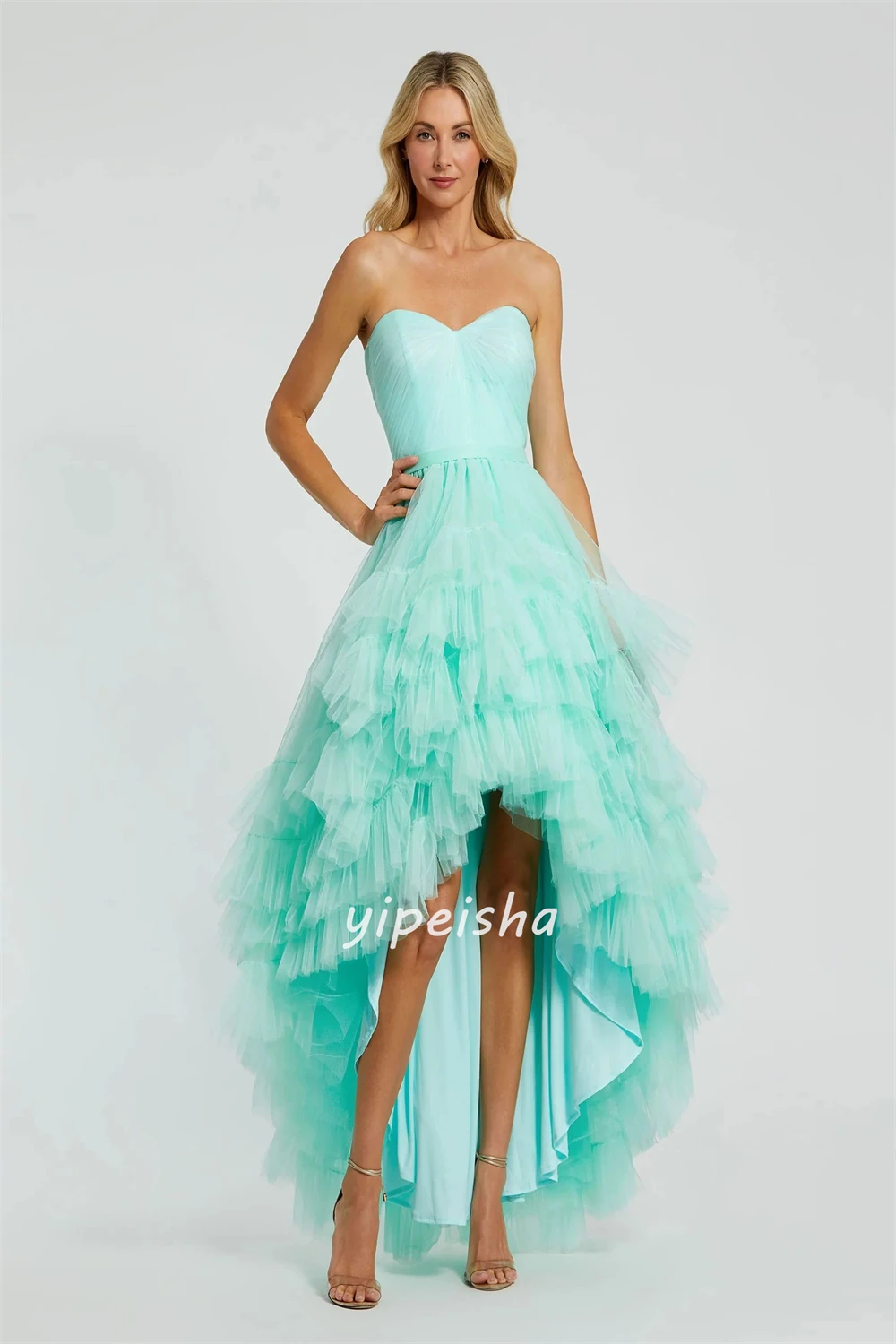 تخصيص جودة عالية الكلاسيكية تول المتدرج Ruched مرحبا لو فساتين حمالة فساتين طويلة فساتين السهرة الأحجام المتاحة الرسمية #2