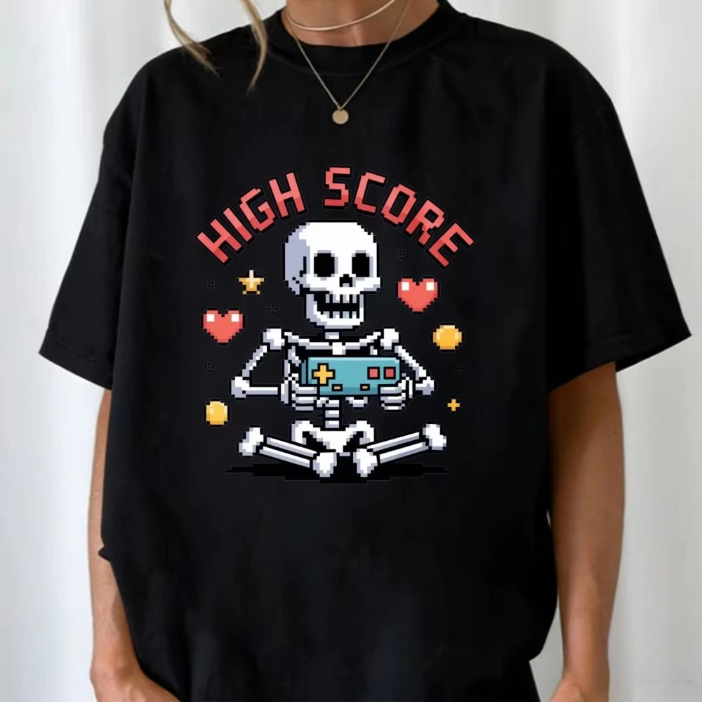 High Score Pixel Skeleton Tee Retro Gamer Playing Video Game Men Women Streetwear Shirt Retro Trend Cool Street Tops Cotton Tees