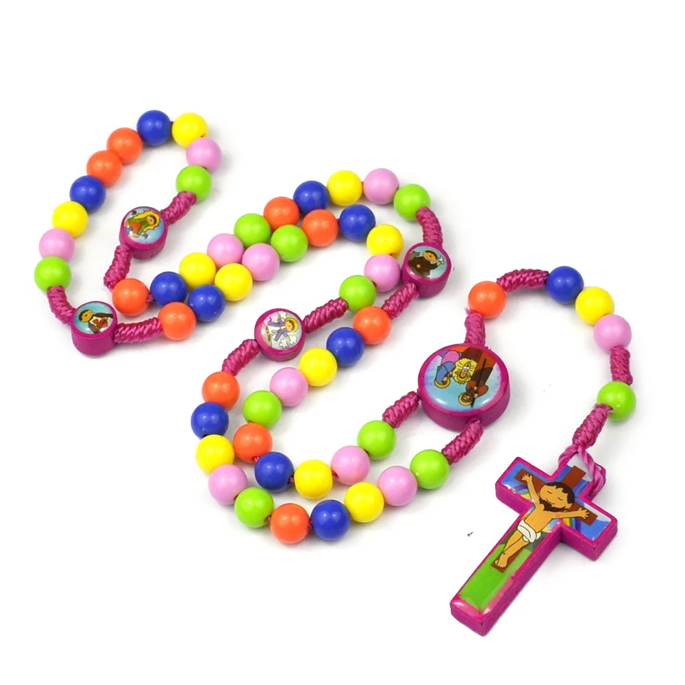 

Muslim Colorful round beads cartoon children's cross rosary beads prayer hand colorful necklace ornaments