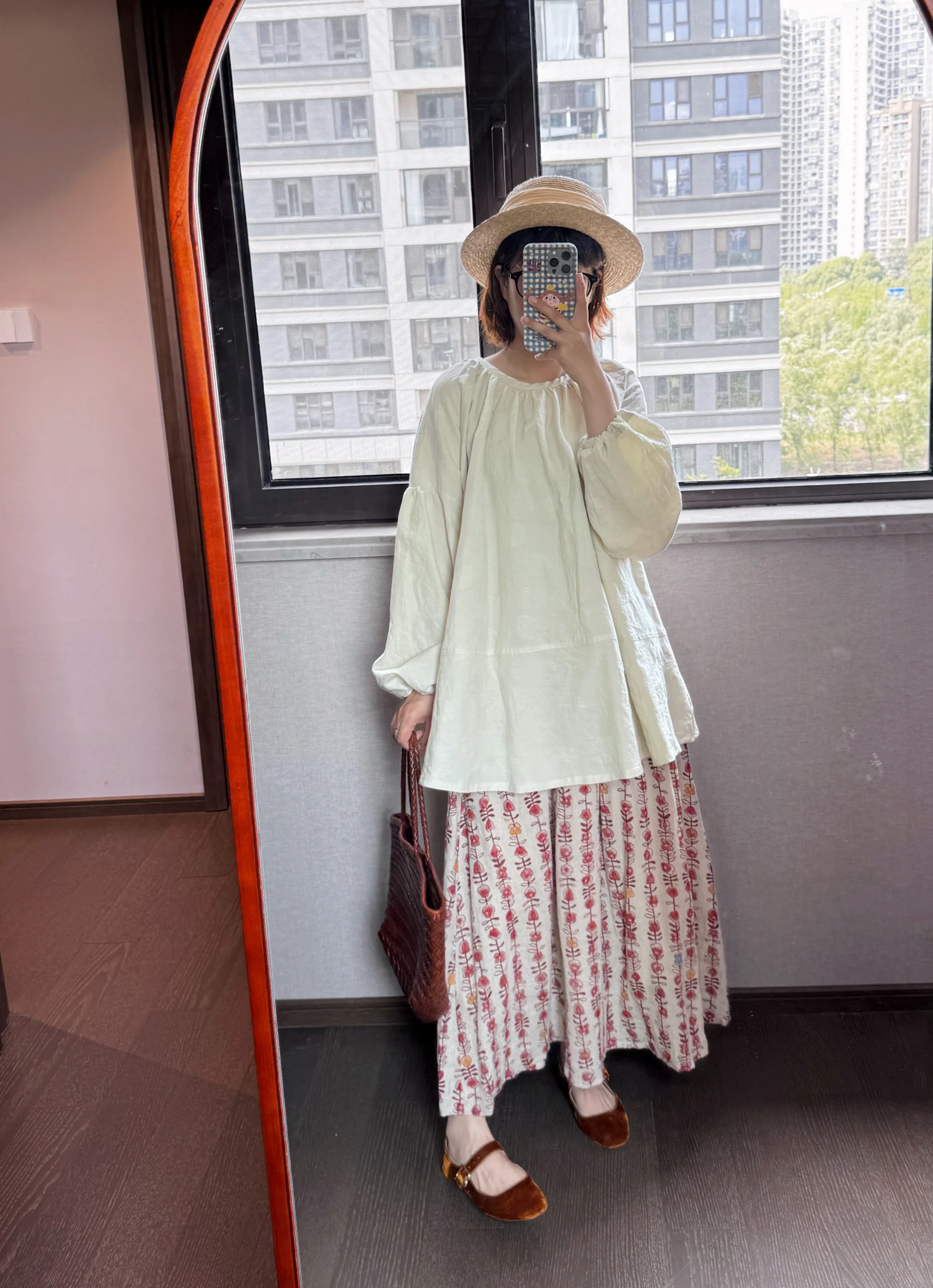 

Long Sve Color Woven k Pattern Han Flax Loose Cover up irt Retro Japanese Sle Artistic Versatile Women's Busin C...