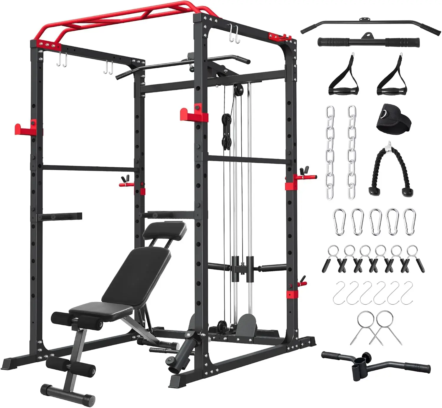 Power Rack, Multi-Function Squat Rack with LAT Pull Down, Power Cage with Pulley System, Strength Training Home Gym Equipment wi