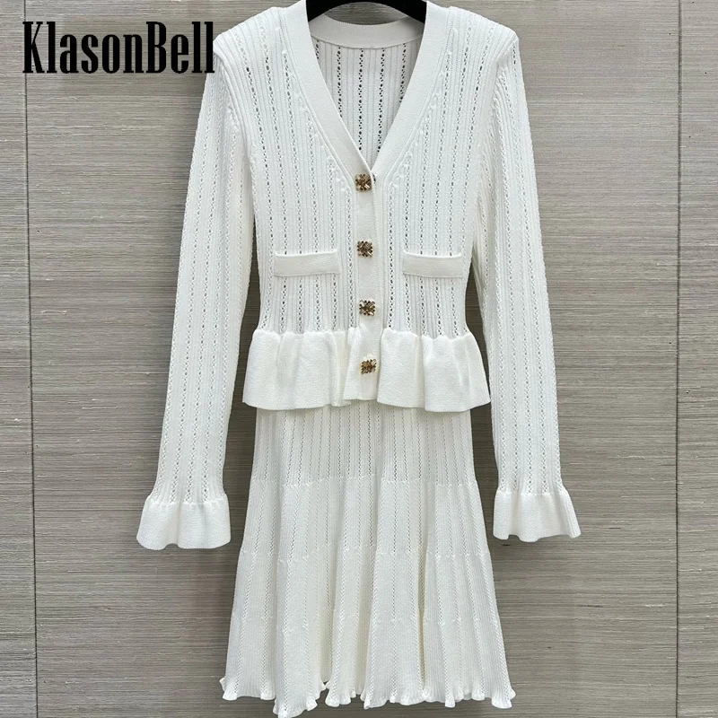 

7.25 KlasonBell Women Diamonds Button Flare Long Sleeve Knit Dress Sweet Girl Ruffle Collect Waist Fake Two Piece Mini Dress