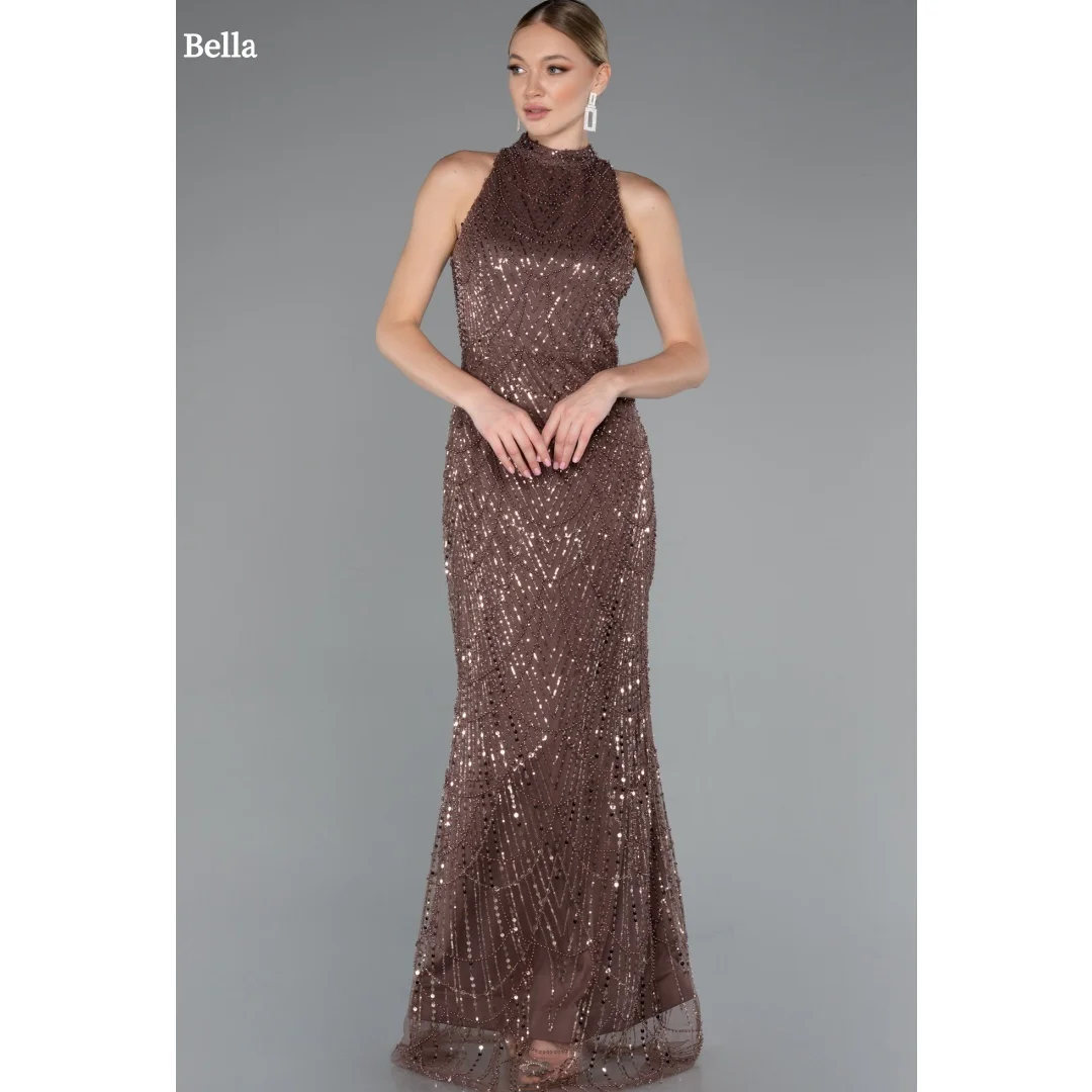 

Bella Customized Brown Beading Sequins Halter Neck robes de soirée Mermaid Party Dresses Floor-Length Sleeveless Prom Dress 2025