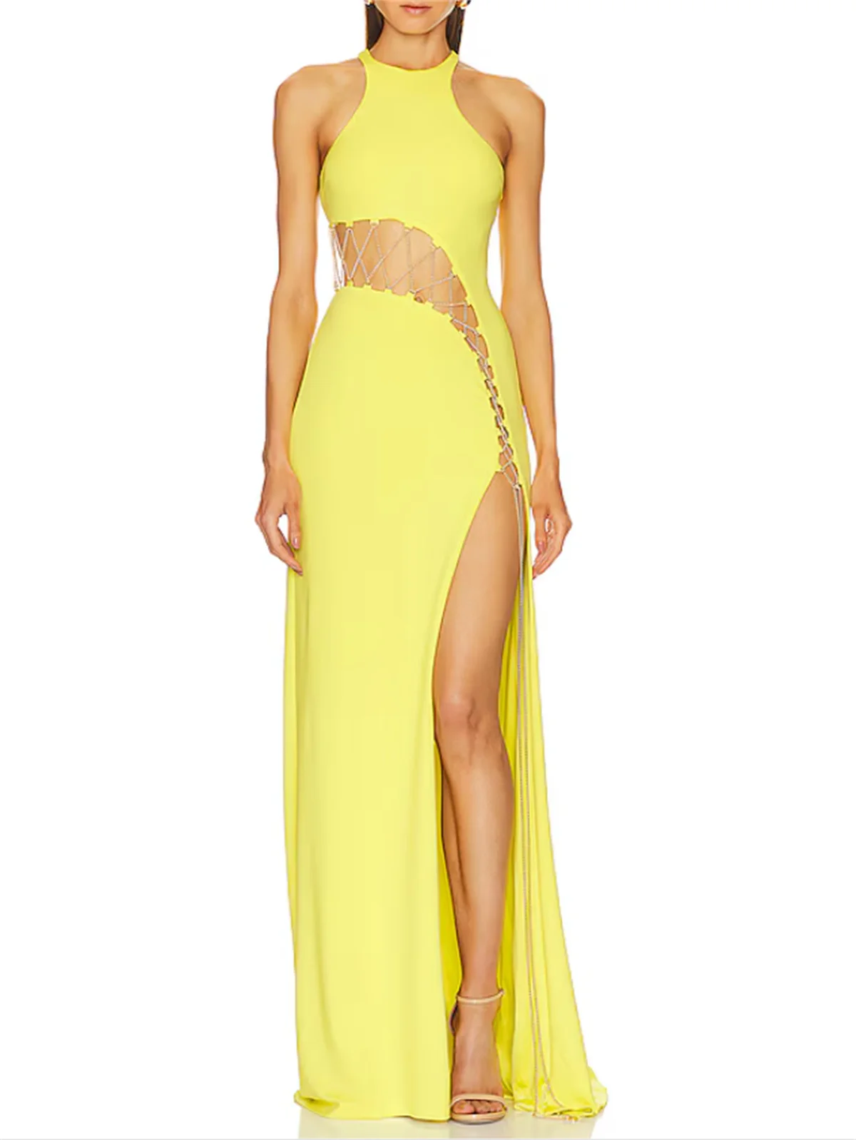 Fashion Bright Yellow A-Line Prom Dress Sexy Open Waist Cut-Out Evening Dress Diamond Strap High Slit Special Occasion Chiffon