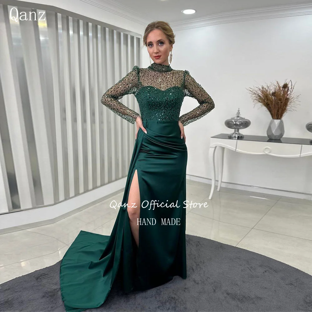 Qanz Emerald Green Evening Dresses Sequined Satin Dresses Women 2024 Long Sleeves Mermaid Leg Slit Prom Dresses Customized