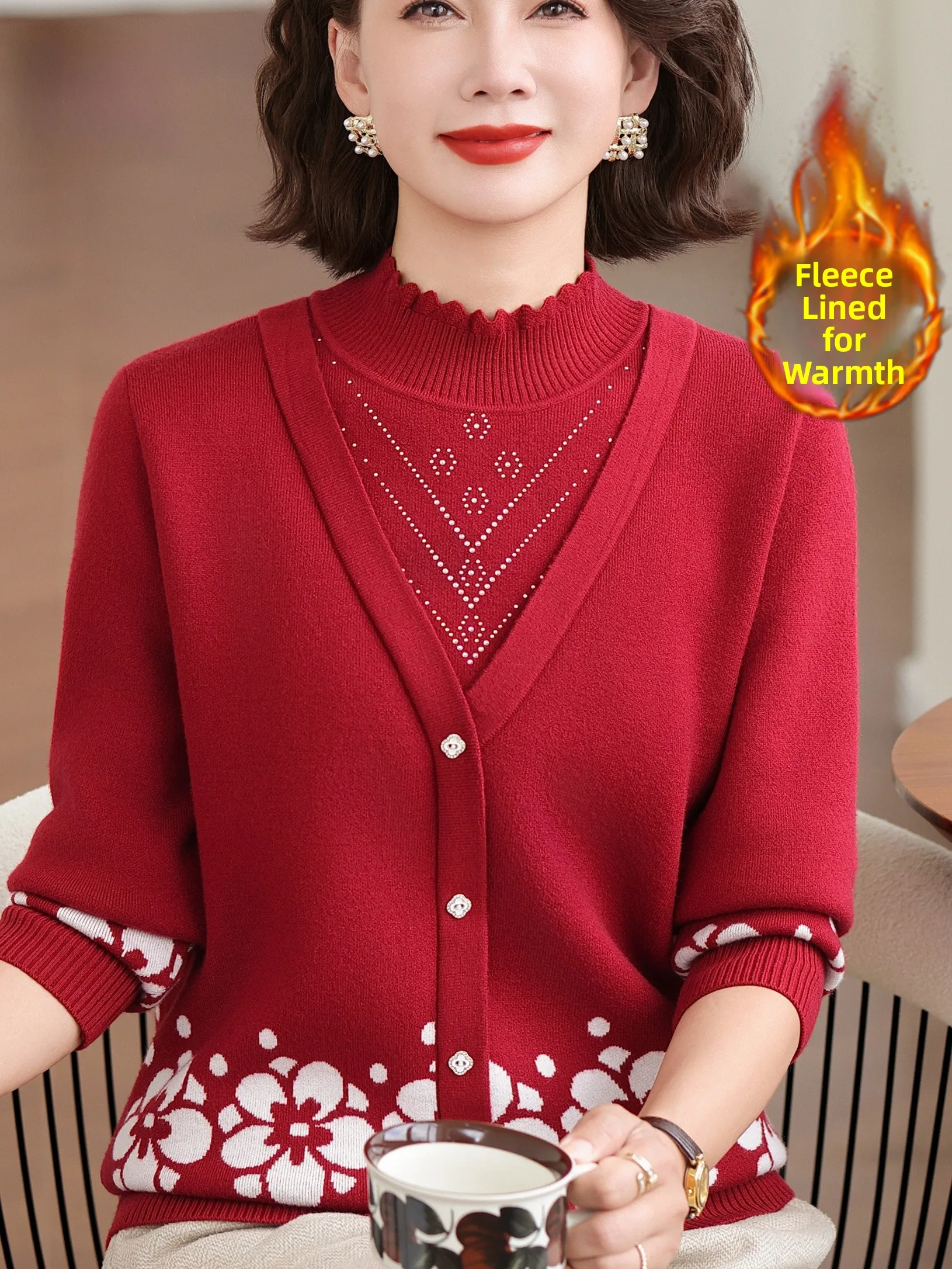 

Faionable Fce Lined Thiened f Вязаный свитер с высоким воротником для женщин среднего возраста и ly Теплая внутренняя одежда с р...