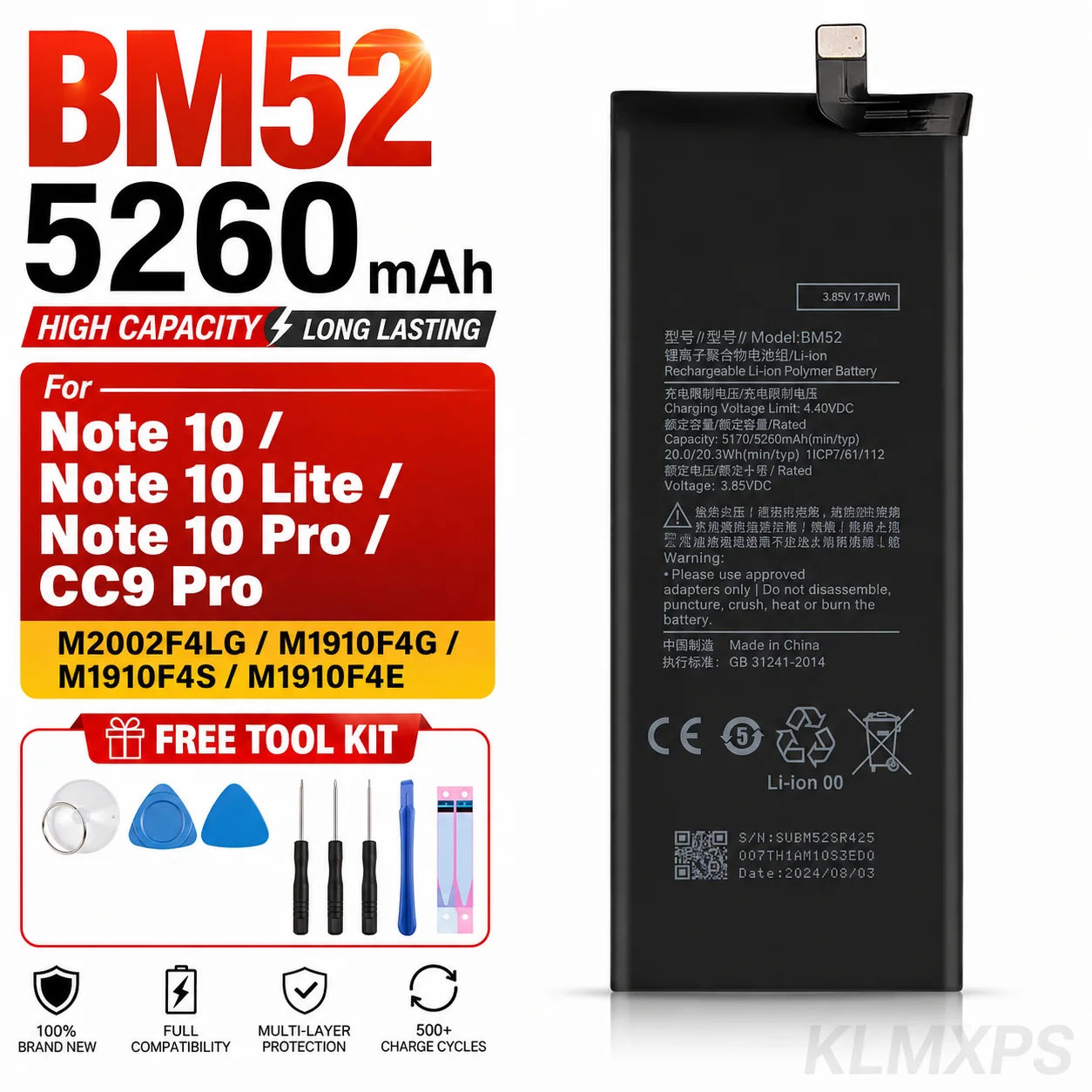 Premium Replacement Battery BM52 5260mAh For Xiaomi Mi Note 10 Lite Note 10 Pro CC9 Pro Phone Repair Battery With Tool Kit