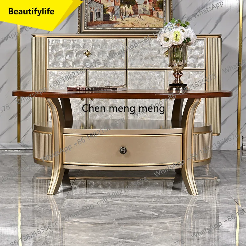 02M American rural light luxury solid wood panel coffee table household two-layer simple oval desktop tea table