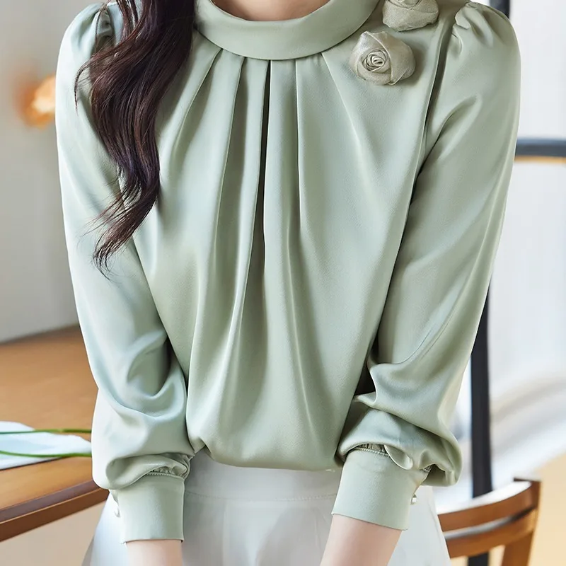 

Винтажные женские блузки, однотонные повседневные рубашки, модная свободная летняя корейская одежда, шифоновые женские топы с длинными рукавами и круглым вырезом