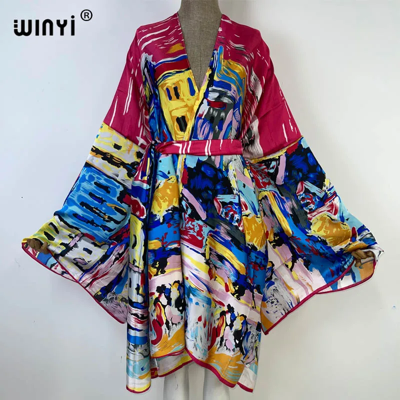 Winyi Bikini Cover-Ups Fashion Printing Zelf Belted Vrouwen Zomer Kleding Kimono Vakantie Jurk Strand Wear Swim Suit Cover up