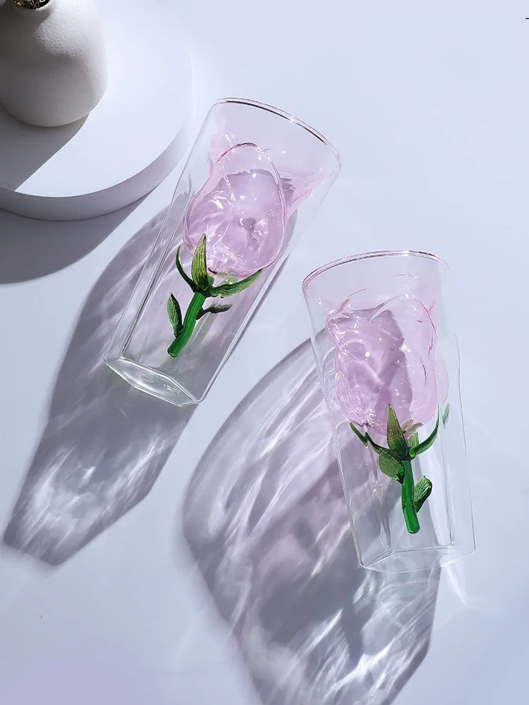 Creative Double Glass Cup High Temperature Resistant Rose Flower Inner Tank Coffee Milk Juice Mug Girls Drinking Cup