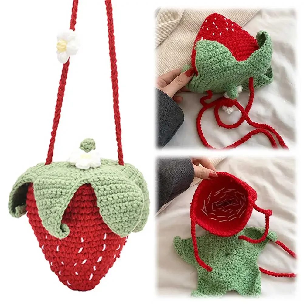 

Cute Strawberry Woven Bag Handmade Fashion Cotton Rope Strawberry Crossbody Bag Knit Sling Purse for Women