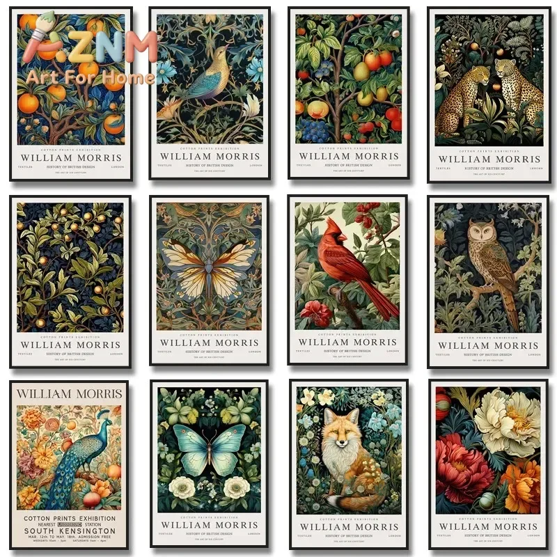 1PCS frameless Canvas paintingWilliam Morris Museum Exhibition Poster Fox Bird Owl Fruit Butterfly Peacock Flower Canvas Paintin