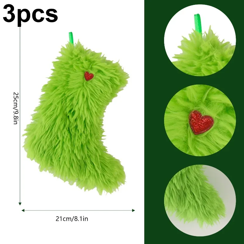 3pcs Festival Green Plush Heart-shaped Christmas Stocking Textile Home Decoration Party Accessories