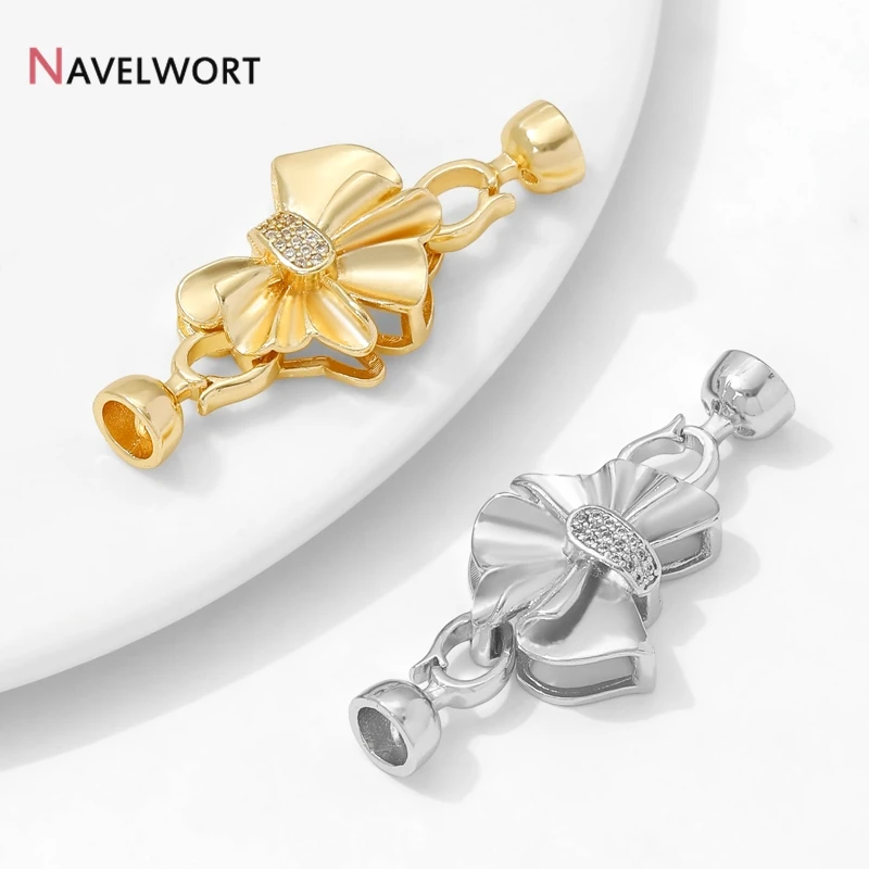 14K Gold Plated Brass Inlaid Zircon Bowknot Shape Fastener Lock Clasps,Closured Clasps Connector For DIY Jewelry Making Supplies