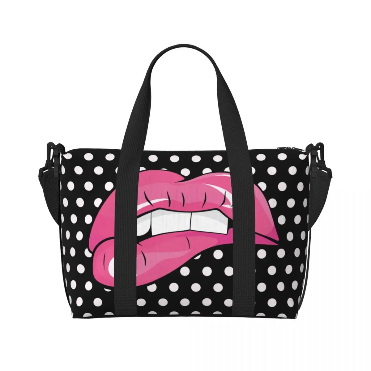 

Custom Red Lips With White Teeth Biting Bottom Lip Beach Tote Bag for Women Big Compartment Beach Gym Travel Bags