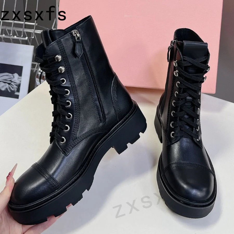 2024 stivaletti con plateau piatto in vera pelle per donna stivali Chelsea con tacco quadrato scarpe Casual con lacci per stivali da moto da donna