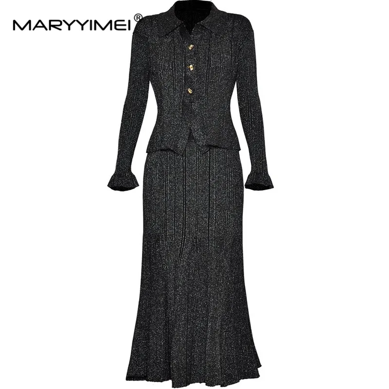 MARYYIMEI Autumn and Winter Women\'s Suit Turn-Down Collar Single-Breasted Long-Sleeved Tops+Elastic Waist Slim Skirt 2 piece set