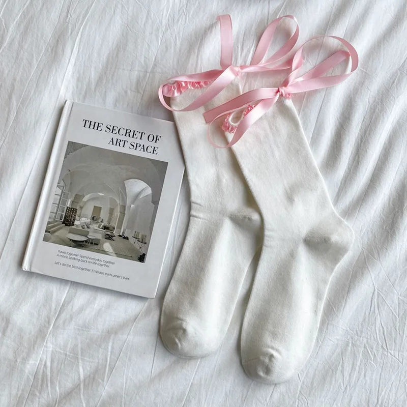 White Pink Socks korean Style Women Lace Lovely Girls Gifts Soft Sweet Socks With Kawaii Bow Female Comfortable High-Quality