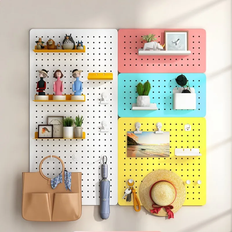 Metal Pegboard Wall Organizer No Drill Storage Rack Hooks Shelves Space Saving Entryway Desk Bathroom Kitchen Display Yellow