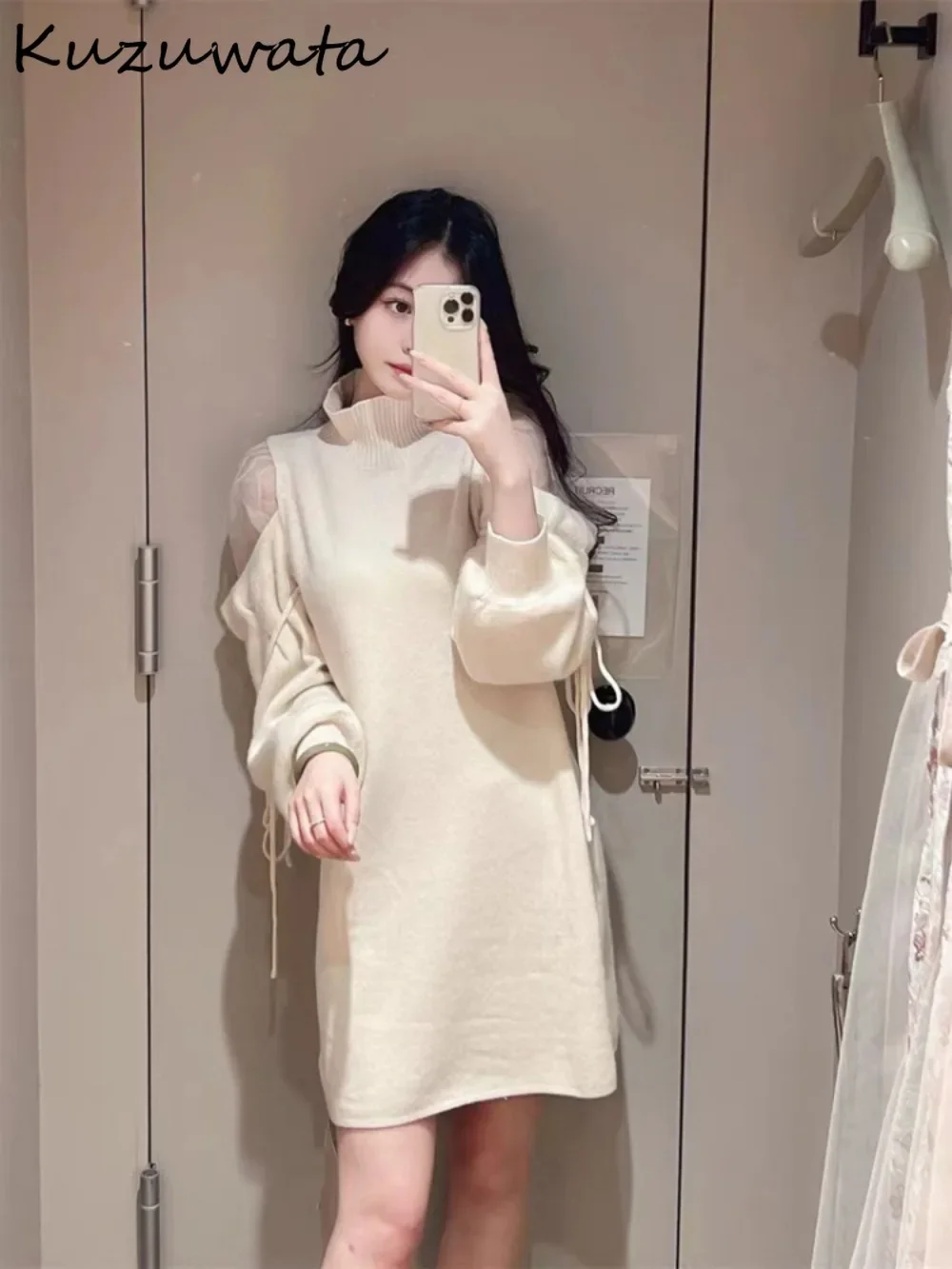 Kuzuwata Sweet Long Sleeve Half High Collar Elegant Dress Patchwork Mid-length Lace Up Solid Vestidos Japan New Knit Voile Robe