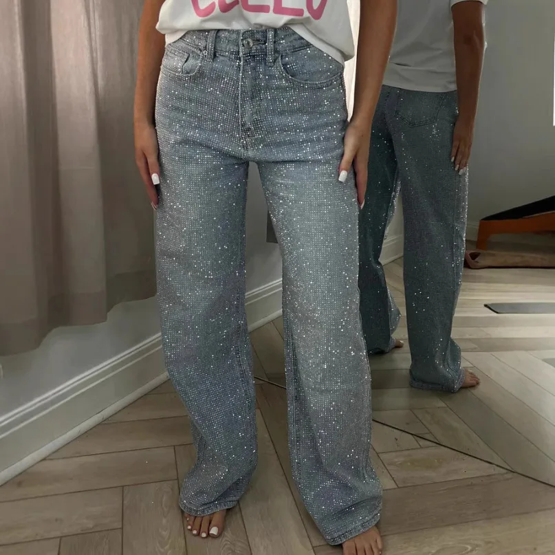 

Jeans for Women Straight Diamonds Pants Stretch High Waist Washed Mom Jeans Vintage Denims Streetwear Y2k Streetwear Trousers