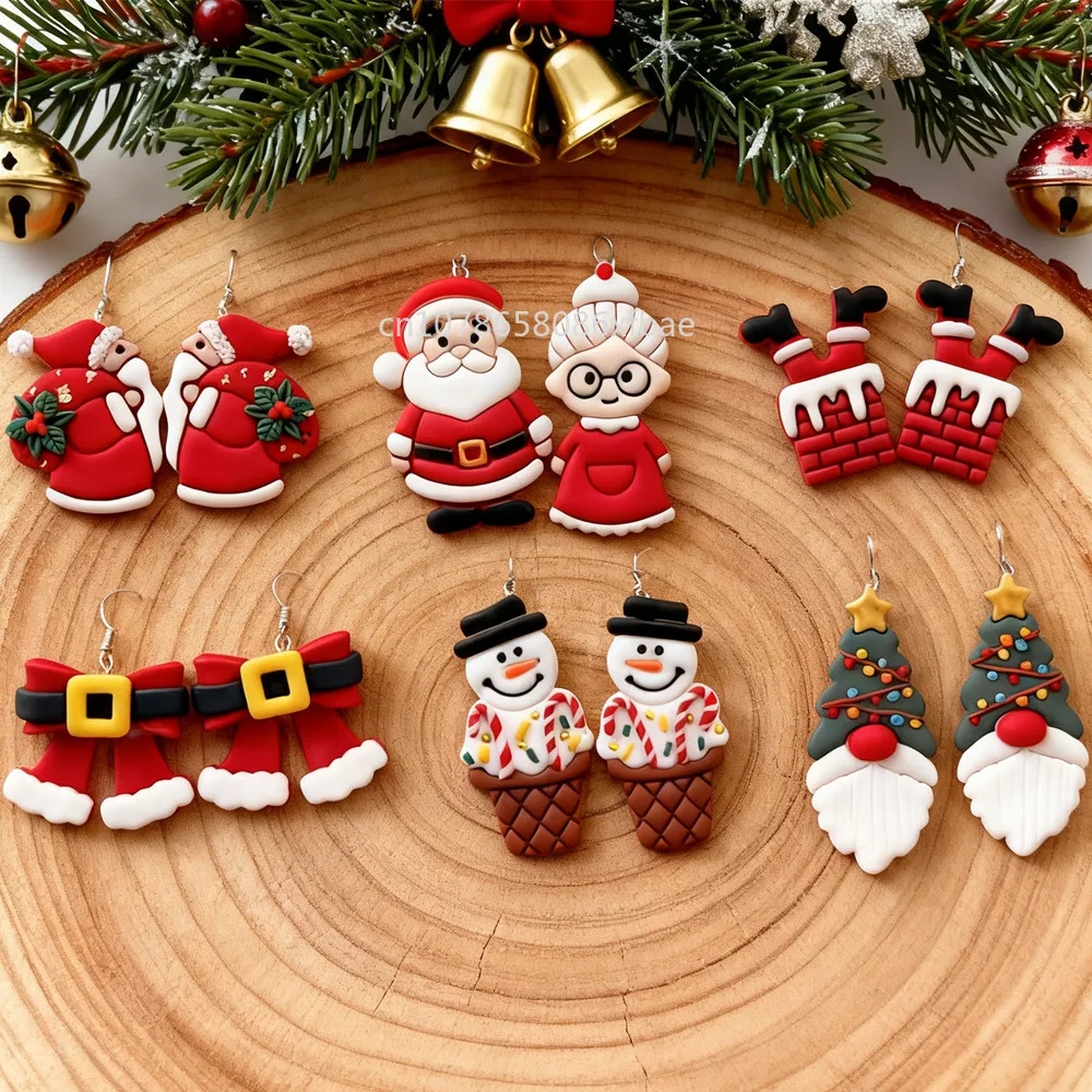 Christmas Series Santa Claus Polymer Clay Cutters Snowman Hat Tree Beard Bows Cutting Dangle Clay Earrings Pottery Making Molds