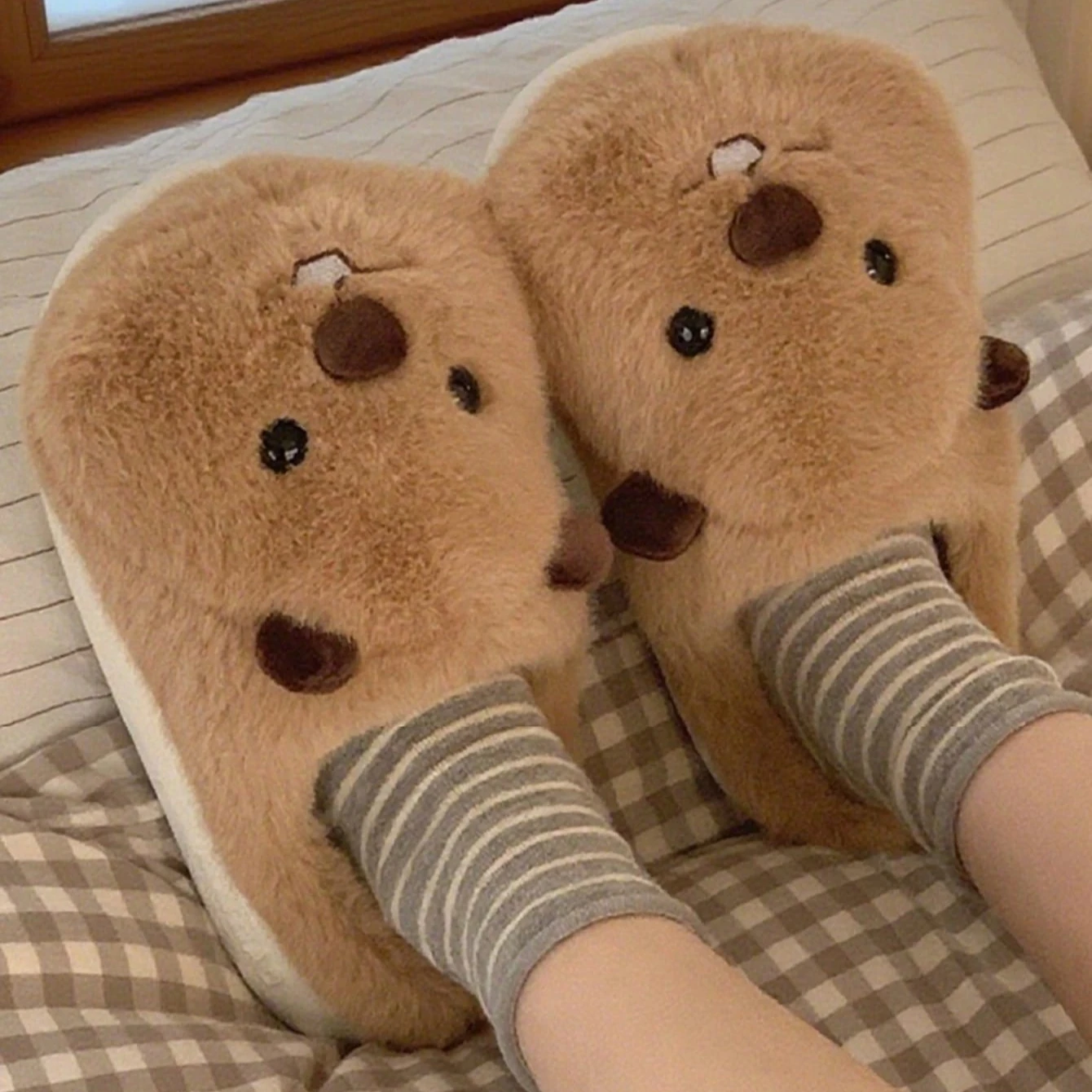 Women House Fur Slippers Casual Cute 3D-shaped Lovely Beaver Design Brown Winter Indoor Non-slip Warm Soft Soles Comfy Home New