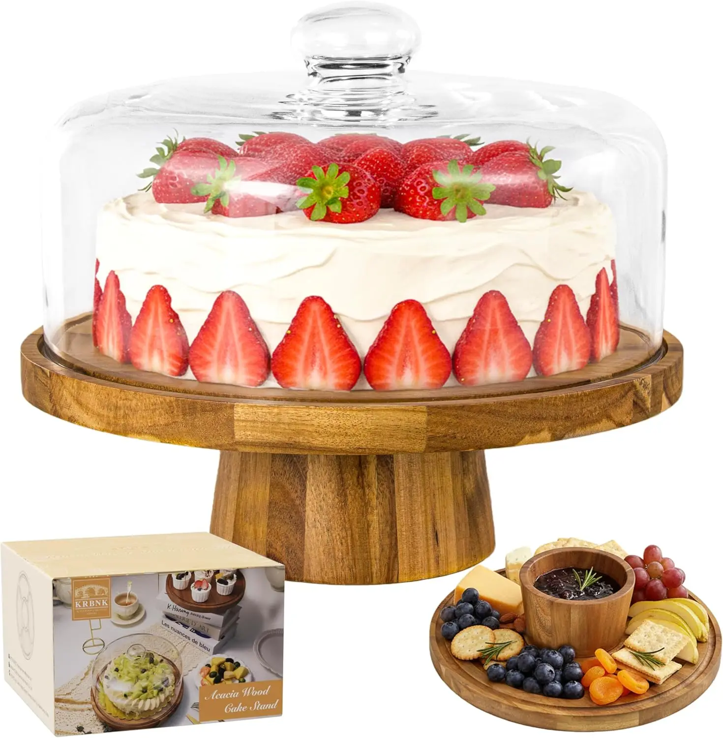 

Подставка для торта из стекла 12 дюймов с куполом и крышкой из акации, набор 2-в-1 для демонстрации на свадьбах, вечеринках, в пекарнях