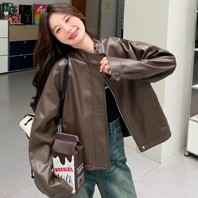 Café Brown Short Leather Jacket Women's Biker Style American Retro Thick Synthetic Leather Ultra Short Length No Brand