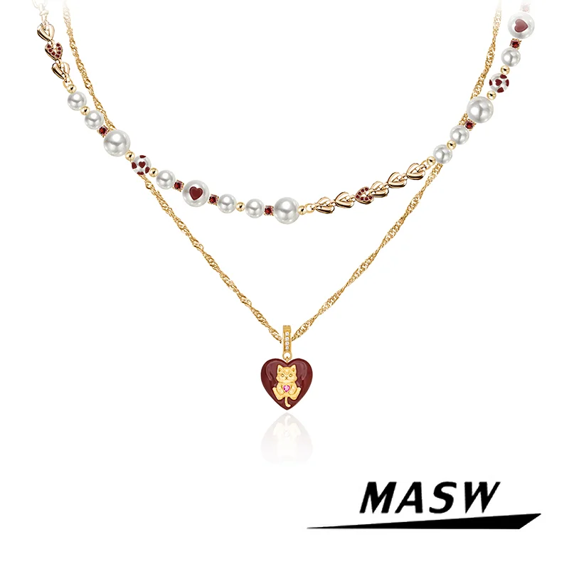 

MASW Original Design Sweet Style Glass Simulated Pearl Red Heart Cute Cat Necklace For Women Girl Gift Trend Jewelry Hot Sale