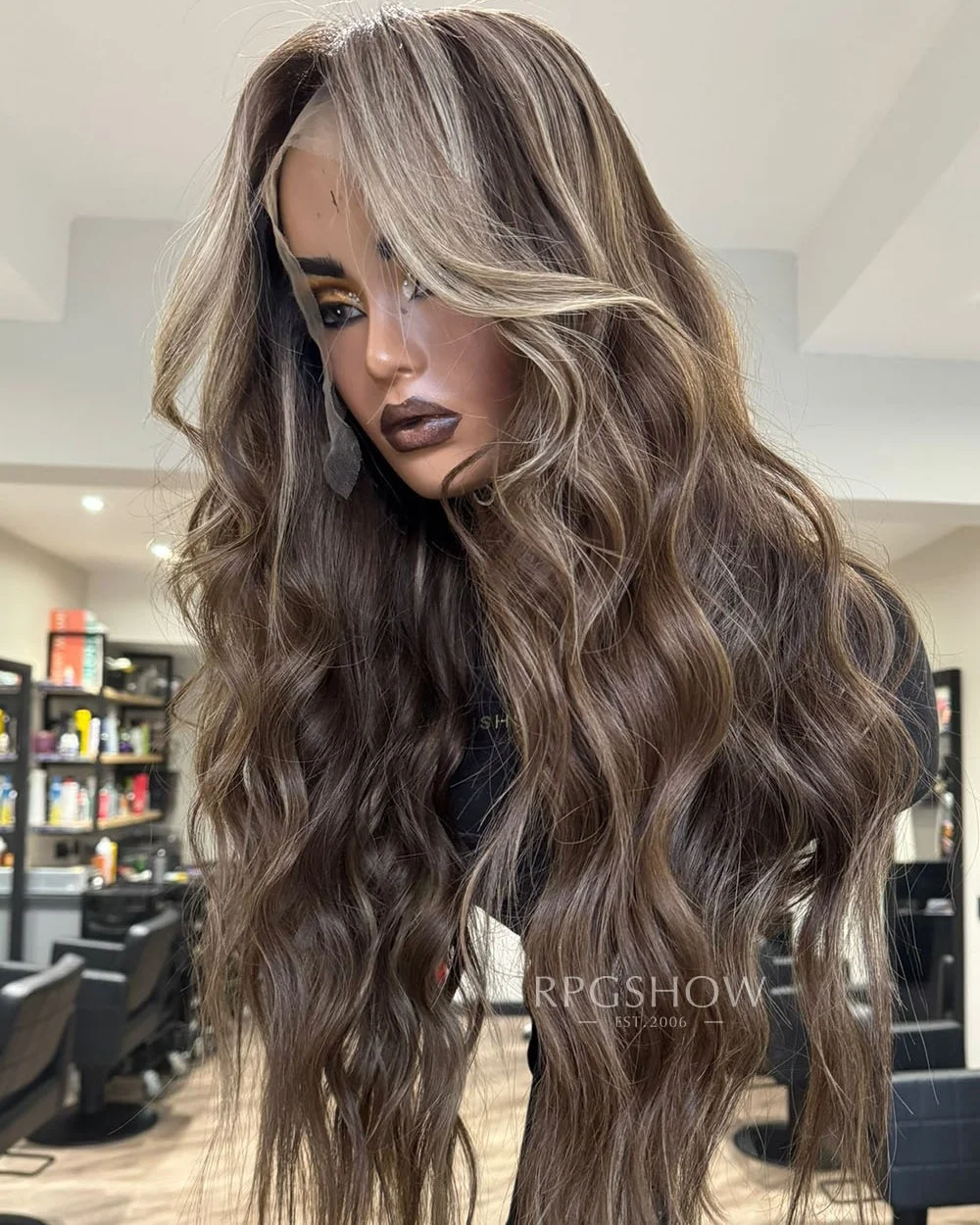 

Natural Soft Hair Lace Font Synthetic Wig Dark Brunette Blonde Highlights Wavy Cosplay Wig For Women Heat Safe Daily Party Use